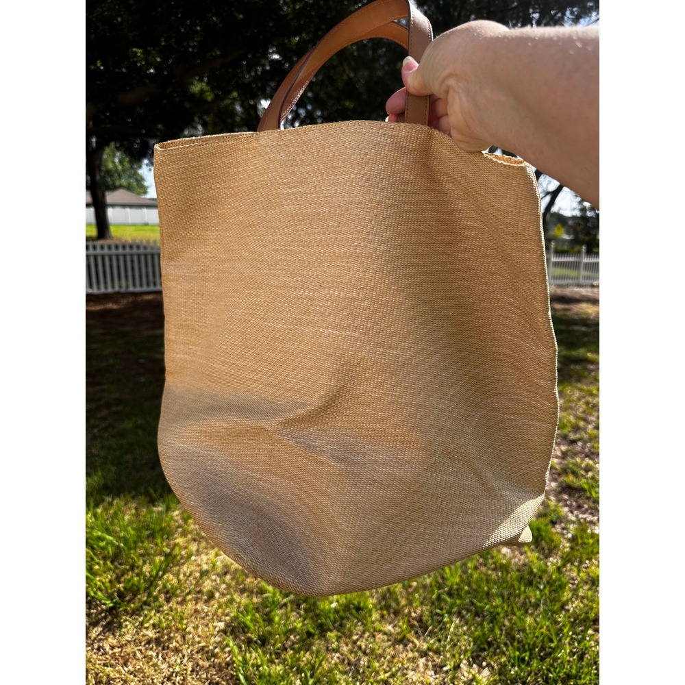 Lancel Paris Vintage Woven Straw Look Tote Bag Leather Trim Tan French Designer